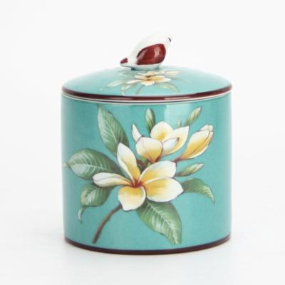 China Home Decor Hand Painted Home Kitchen Decorative Blue and Pink Candle Jar with Bird Lid Ceramic Custom Candy Box for sale