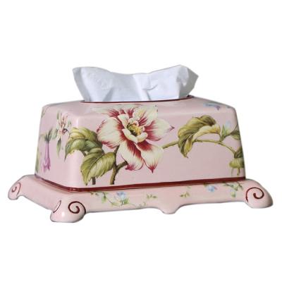 China Traditional Antique Ceramic Rose Flower Box Tissue Holder Tissue Paper Table Tissue Paper Rectangle Hard Case for sale