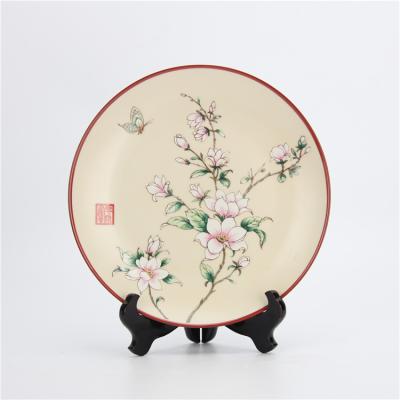 China Viable Hand Painted Round Ceramic Dish Decoration Items Porcelain Enamel Dish Hotsale Home Decor for sale