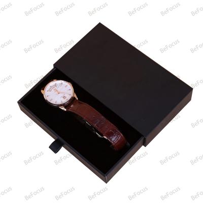 China Recycled Materials Custom luxury texture black gold foil logo custom slide out gift drawer rigid paper box for luxury watch for sale