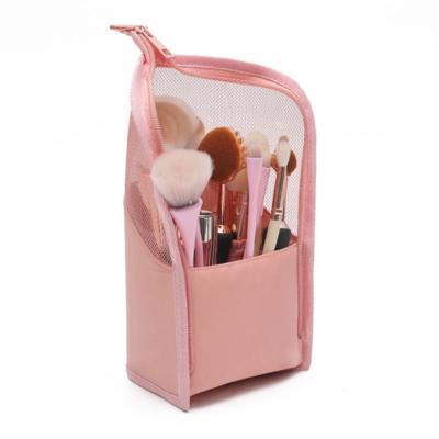 China Fashion Small Free Stand PVC Organizer Mesh Cosmetic Bag Pocket Makeup Bag Waterproof Brush Holder for sale