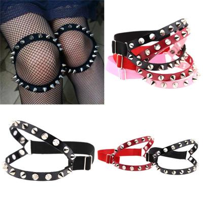 China High Quality Studded Punk Leather Thigh High Elasticity Ring Gothic Black Customize Girls Knee Hot Sexy Mature Leg Garter For Ladies for sale