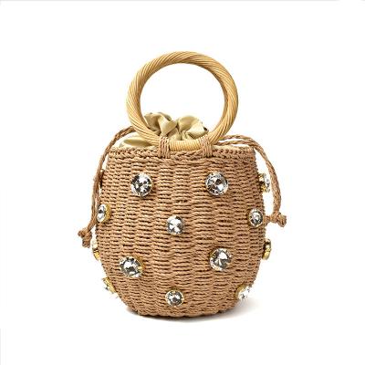 China 100% 100% Handmade 2020 New Handmade Rhinestone Crystal Embellished Straw Bag Small Straw Bucket Bags Lady Travel and Purses for sale