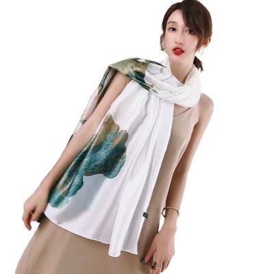 China Daily Wear Accept Customize Design Lotus Flower Printing Silk Satin Scarf Women's Large Shawl Sunscreen Beach Pashmina Scarf For Woman for sale