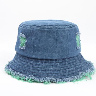 China Custom Sunshade Fashion Denim Bucket Hats Ripped Vintage Fisherman Hat Female Jean Outdoor Bucket Hat Cave Brim Cowboy for sale