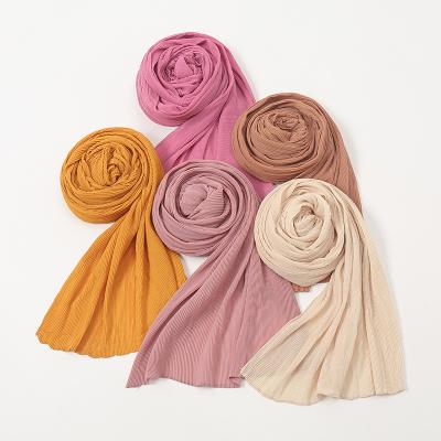 China New Hot Sale Solid Color Chiffon Shawl Women Long Chiffon Scarf Long Pleated Gauze Fashion Hijab Scarf for sale