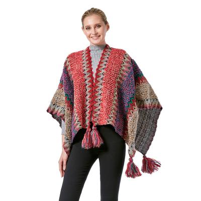 China Open Front Poncho Cape Oversize Knitted Plaid Shawl Wrap Cardigan Sweater New Poncho Gift Travel Wholesale Shawl for sale