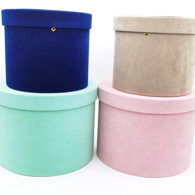 China Handmade Blue Velvet Flower Box Gift Packaging Box Cylinder Cardboard Hat Box for sale