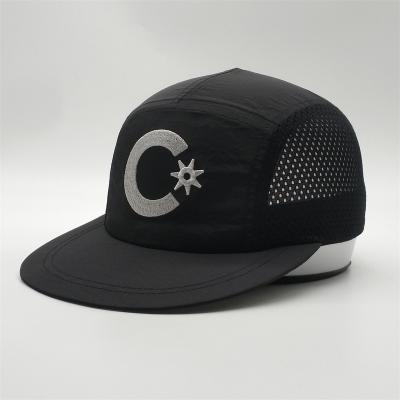 China Quick Dry Nylon Embroidery COMMON Logo Black Mesh Snapback Caps Outdoor Sports Hat 5 Panel Caps for sale