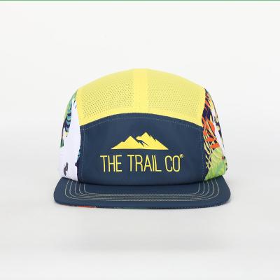 China New Style 5 Panel COMMON Flat Brim Blue Denim Customized Embroidery Inner Band Printed Brass Buckle Black Leather Strap Camp Hat for sale