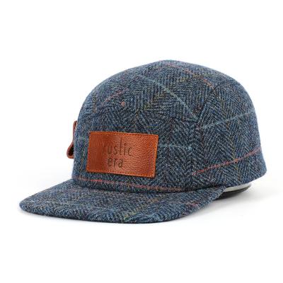 China Wholesale Custom High Quality 5 Panel Patch Adult Snapback Pencil Holder 100% Leather Wool Checked Fleece Hat Winter Camp Hat for sale