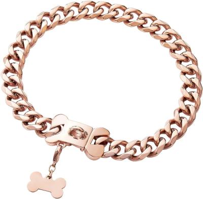 China Rose Gold Stainless Steel Cuban Chain Heavy Duty Dog Collar for Small Medium Large Dogs for sale