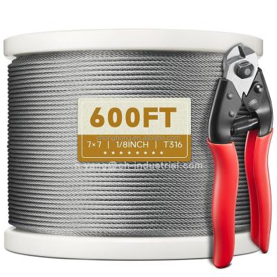 China 600FT T316 Stainless Steel Cable 1/8 Inch Diameter Garden Decorations 7 x 7 Strands Construction Wire Rope with Cutter for sale