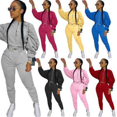 China 2020 QUICK DRY Ladies Winter Set Solid Color Bandage Women Cotton Jogger 2 Piece Two Piece Set Outfit Tracksuit Sweatsuit for sale