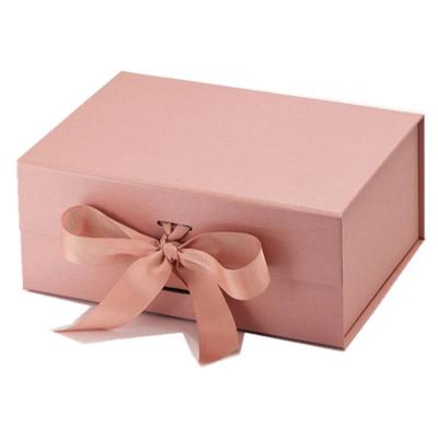 China Recycled Materials Factory Shipping Pink Magnetic Gift Box With Bow Ribbon Wedding Bridesmaid Gift Box for sale