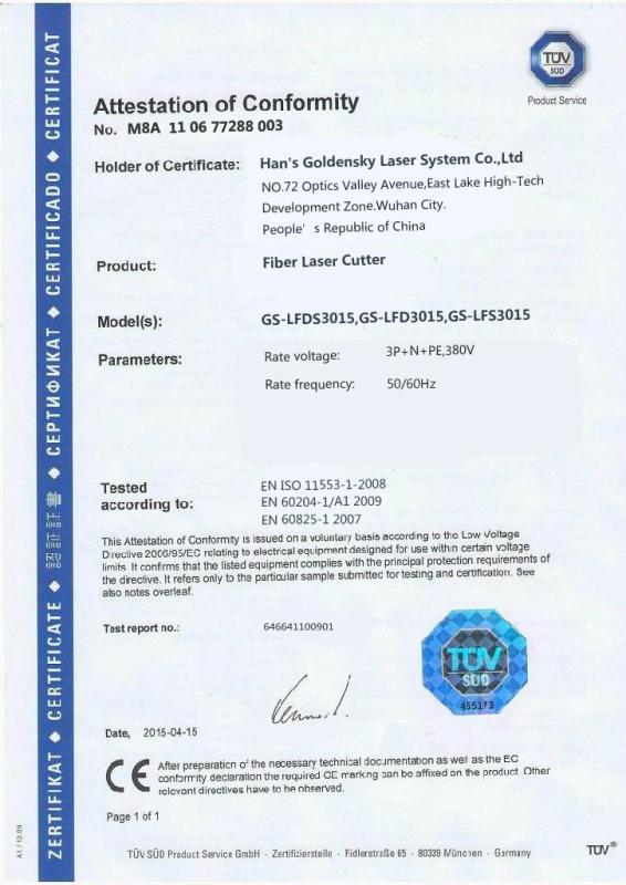 CE Attestation of Conformity - Wuhan Hans Goldensky Laser System Co., Ltd.