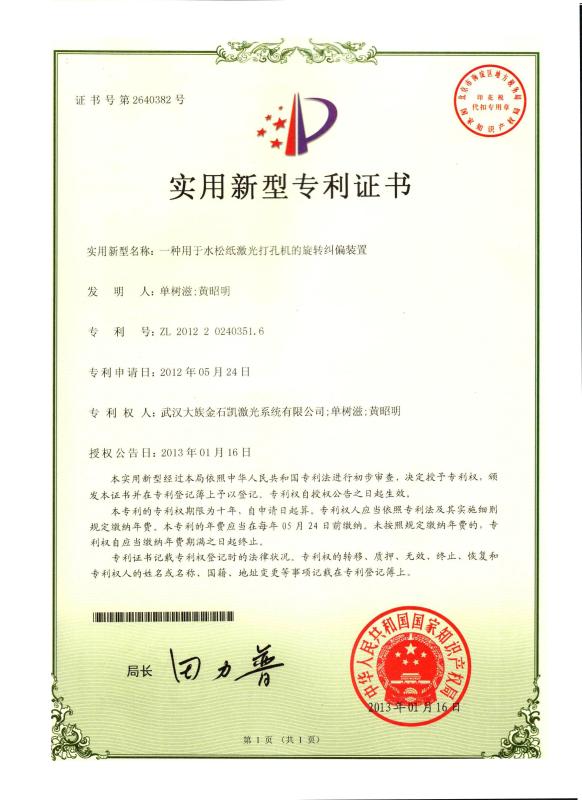 Patent Certificate - Wuhan Hans Goldensky Laser System Co., Ltd.