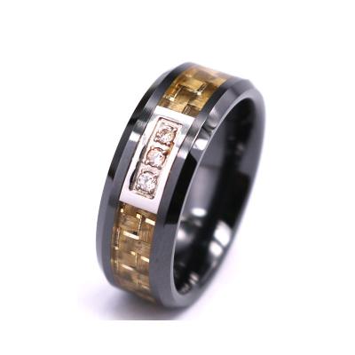 China FASHIONABLE CNC Black Ceramic Fork Stones Band Three Gold Carbon Fiber Set Ring for sale