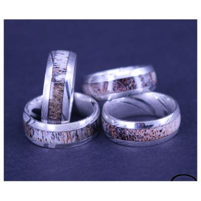 China Latest Trendy Inlay Inlay Natural Steel Antler Damascus Wedding Ring Unisex for sale