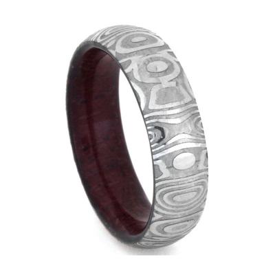 China CLASSIC Damascus Steel Ring, Wooden Wedding Band, Unique Ring For Women With a Purple Heart Wooden Sleeve for sale