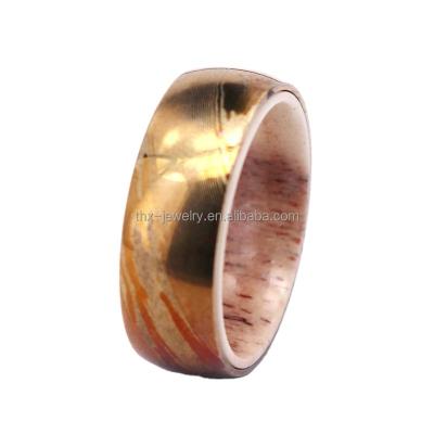 China FASHIONABLE China Made Custom Jewelry And Bands Natural Deer Antler Sleeve Gold Damascus Steel Acid Etched Ring for sale