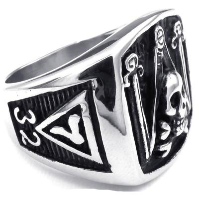 China Silver Color Mens Stainless Steel Punk Ring , Vintage Skull Freemason Masonic Men Ring for sale