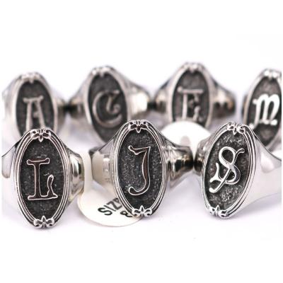 China Vintage Unisex Custom Stainless Steel Black Silver Initial Ring for sale