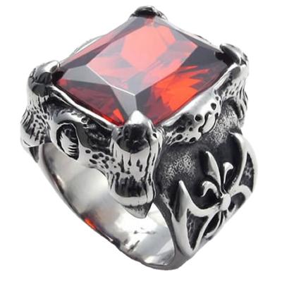 China Crystal Stone Dragon Claw Men Stainless Steel Punk Ring Red for sale