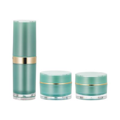 China Personal Wholesale Green Round Skin Care Phnom Penh Container Cream Jar Lotion Bottle Acrylic Plastic Cosmetic Packaging Set for sale