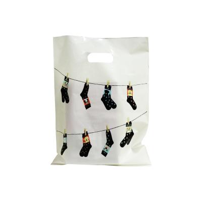 China Recyclable High Quality Custom Printed Logo Die Cut Handle Plastic Shopping Bag For Sock for sale