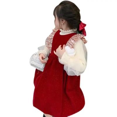 China Anti-wrinkle 2022 Autumn Girls Winter Baby Bow Vest Exotic Red Skirt Princess Dress Children's Dress Plush Dress for sale