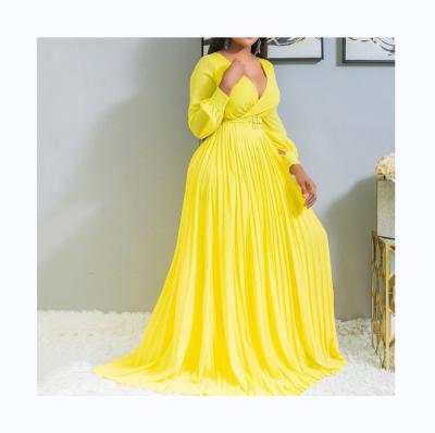 China Breathable New Design Deep V Neckline Pleated Maxi Dress Fashion Women's Casual Elegant Dresses Plus Size for sale