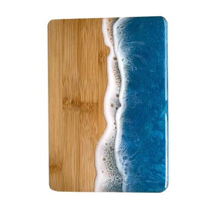 China 18*11 Inch Customized Viable Color Epoxy Resin Beach Sea Bamboo Cutting Board With Blue&White Surface for sale