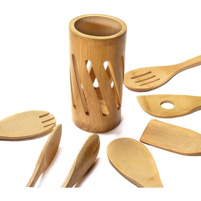 China Sustainable bamboo salad server set bamboo spatula cooking&salad set with bamboo tube for sale