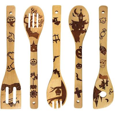 China Viable Engraving Logo Laser Gift Halloween Bamboo Salad Server Set Bamboo Salad With Bamboo Rack for sale