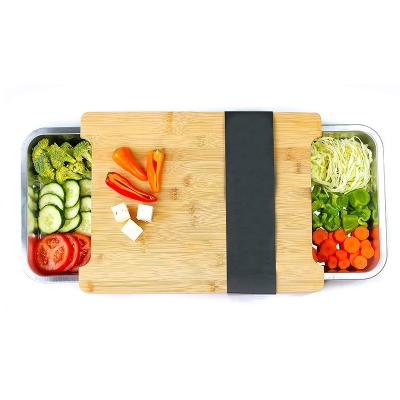 China Disposable Bamboo Cutting Serving Tips for Kitchen with 2 Pieces Stainless Steel Tray Non-Slip Feet for Cutting, Fruit, Cheese, Vegetables for sale