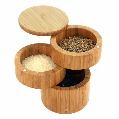 China Customized wholesale sustainable design triple tier bamboo salt&pepper jar with magnetic swivel lid for sale