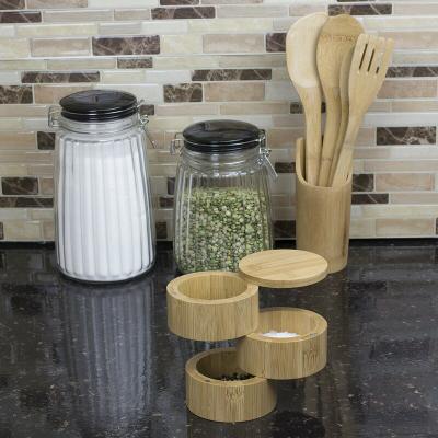 China Sustainable Natural Bamboo Duo 3 Tier Salt Keeper Bamboo Storage Case With Mini Spoon On The Lid for sale