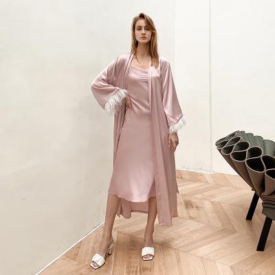 China 2022 New Arrival QUICK DRY Custom Made Designer Elegant Ostrich Feathers Printing Satin Long Robe Women Luxury Sleepwear for sale