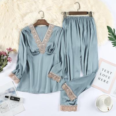 China 2022 New Arrivals QUICK DRY sleeving long 2 piece lace up to trim comfortable satin teal silk sleepwear women pajamas set for sale