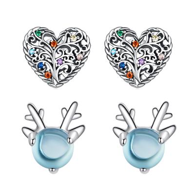 China High quality 925 sliver fashion and temperament rhinestone heart shape Korean unique colorful Christmas earrings for sale