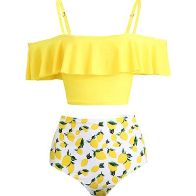 China Plus Size High Waisted Off The Shoulder Fruit Pattern Ruffle Bikini Set, Tummy Control Swimwear For Women for sale