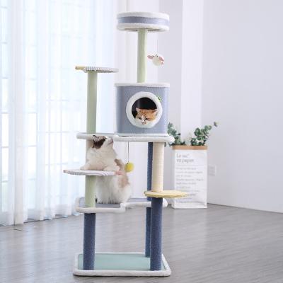 China Large Stocked Hoopet Rattan Scratcher Cat Tree Condo With Sea Colorful Decorative Cooling Animal Toys for sale