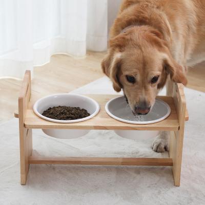 China Wooden Sustainable Ceramic Dog Double Height Hoopet Double Adjustable Maker Water Food Bowls for sale