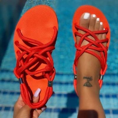 China 2021 Hot Sale Cheap Anti-slippery Sandals For Women And Ladies Summer Style European Colorful Hemp Rope Beach Flat Sandals for sale