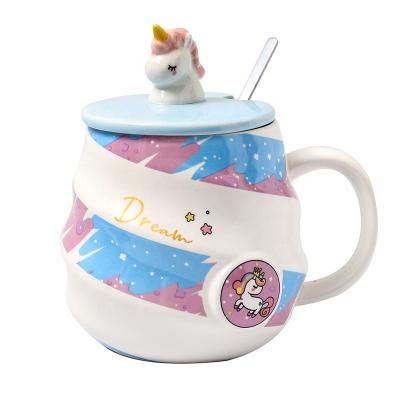 China Viable Creative Spiral Unicorn Ceramic Mug With Lid Spoon Embossed Coffee Mug Gift for sale