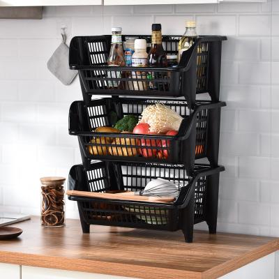 China Black Stackable Sustainable Storage Rack Multifunctional Plastic Kitchen Storage Baskets for sale