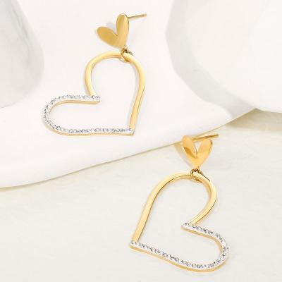 China Women's Heart Shape Diamond Stud Earrings Female Titanium Steel Korean Fashion Cute Ornate Gold Plated Soft Cavity Heart Earrings Which for sale