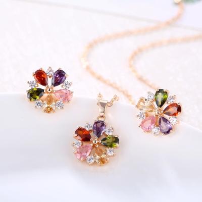 China Women's Ornament Fashion AliExpress Fashion Necklace And Earring Suit Small Colorful Rose Gold Zircon Flower Set for sale