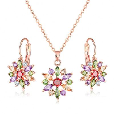 China Wholesale Set Two-piece Ice Style Zircon Colorful Necklace Earrings European and American Women's Colorful Crystal Zircon Necklace Suit for sale